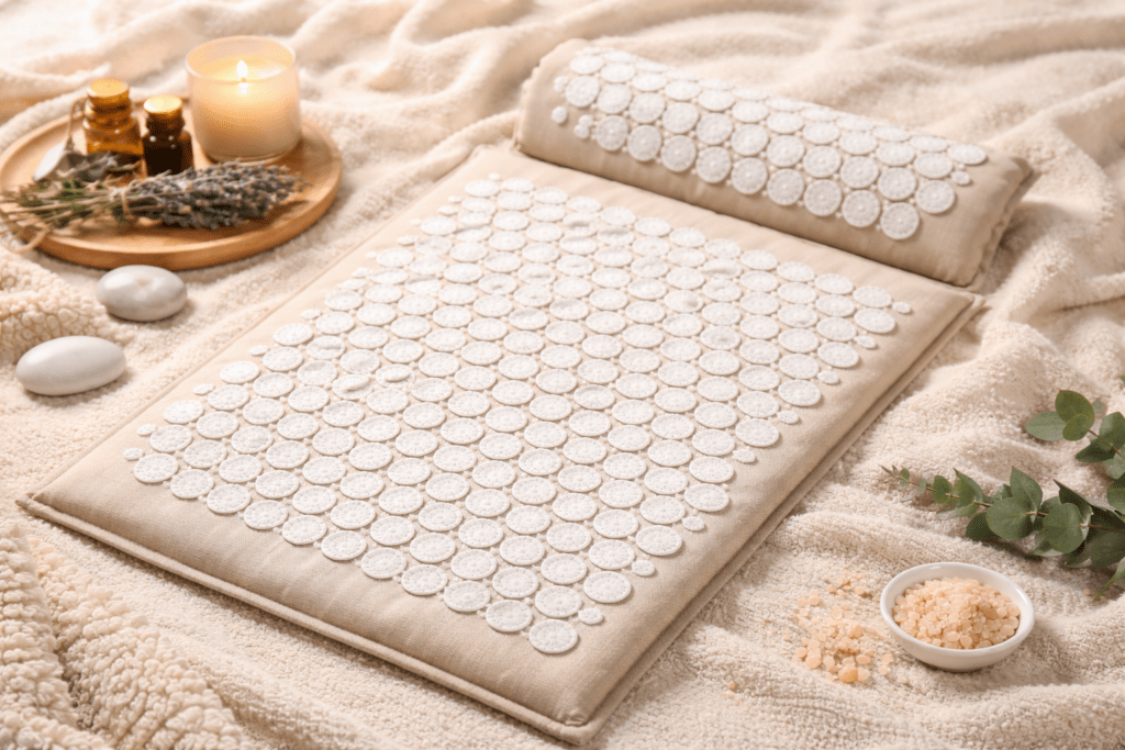 spijkermat met kussen op zachte ondergrond voor ontspanning en stressvermindering