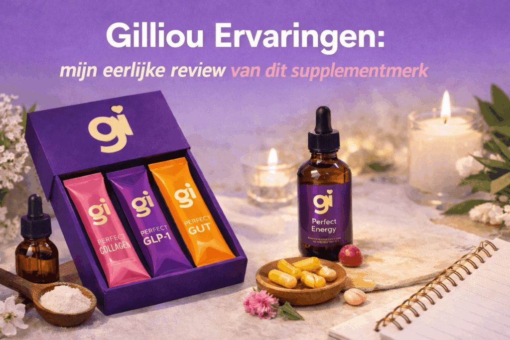 Gilliou supplementen box met collagen, GLP-1 en gut sachets en energy drops voor review van het Gilliou supplementmerk